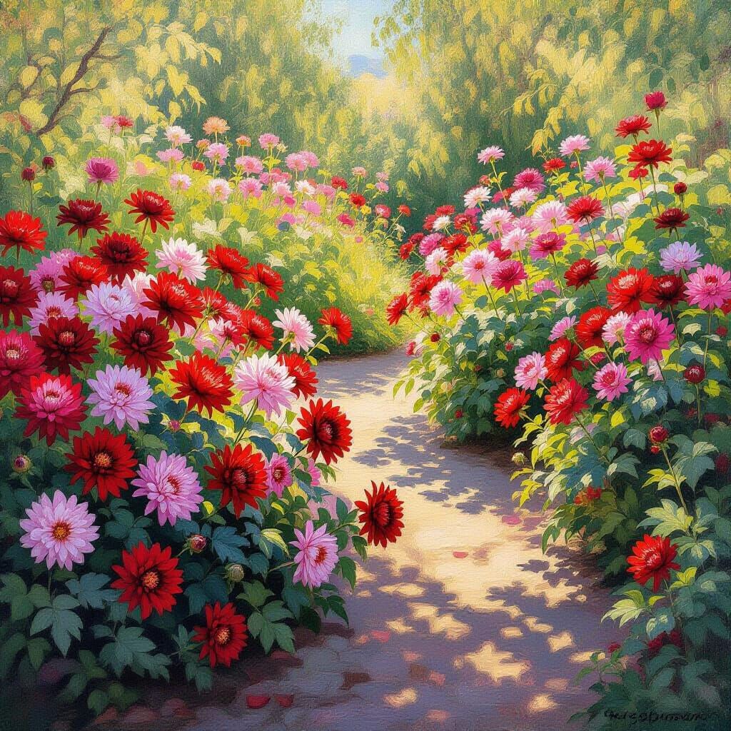 Impressionist Garden with Red and Pink Chrysanthemums