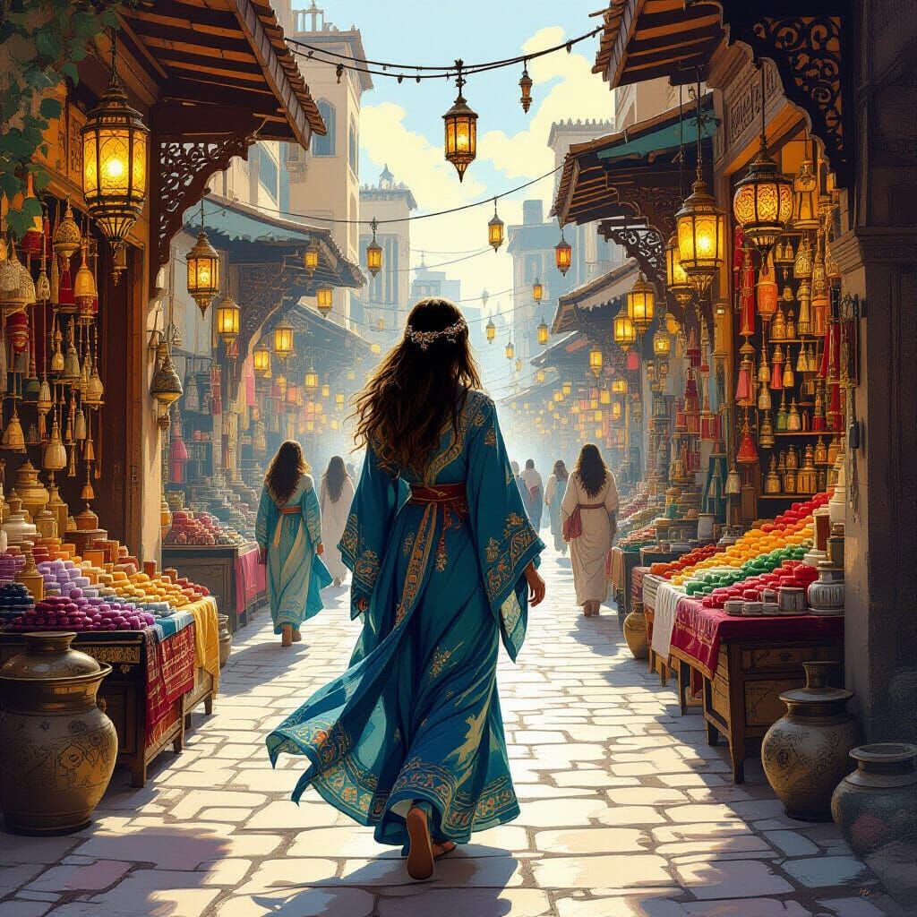 Mystical Girl in Bazaar, Dreamy Art Nouveau Style