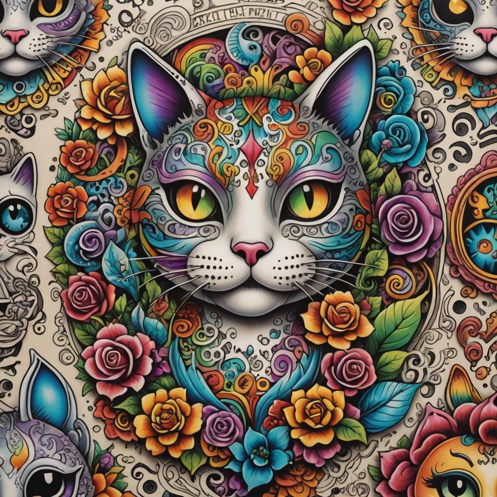 Rainbow Tattoo Design Featuring Happy Cat and "Cool"