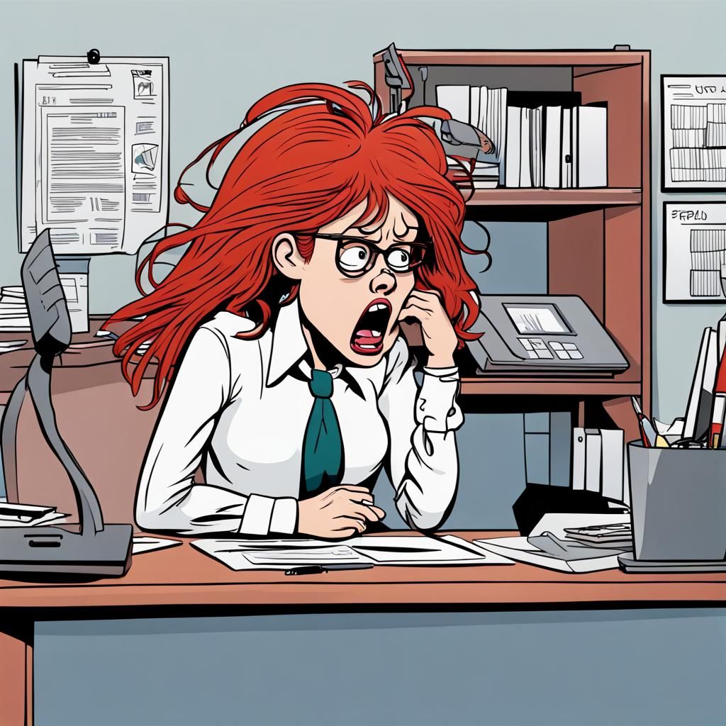Woman frazzled at her office desk Friday Afternoon