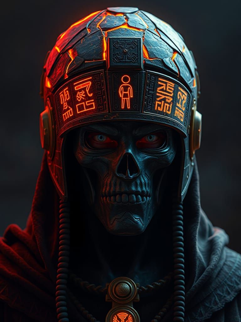 Dark Lord in Futuristic Stone Hieroglyph Helmet