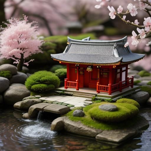 Intricate Isometric Japanese Shrine with Cherry Blossoms