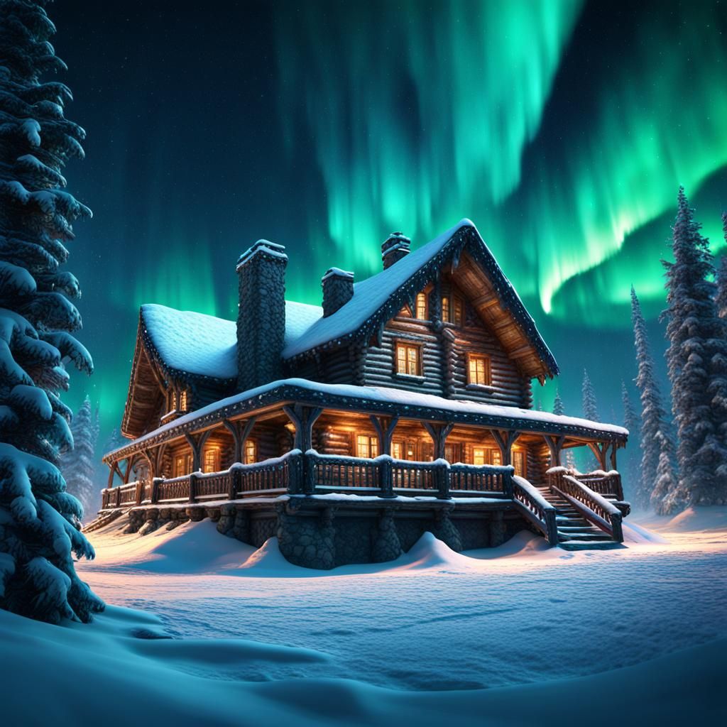 Christmas Log Cabin in North Pole Aurora Borealis