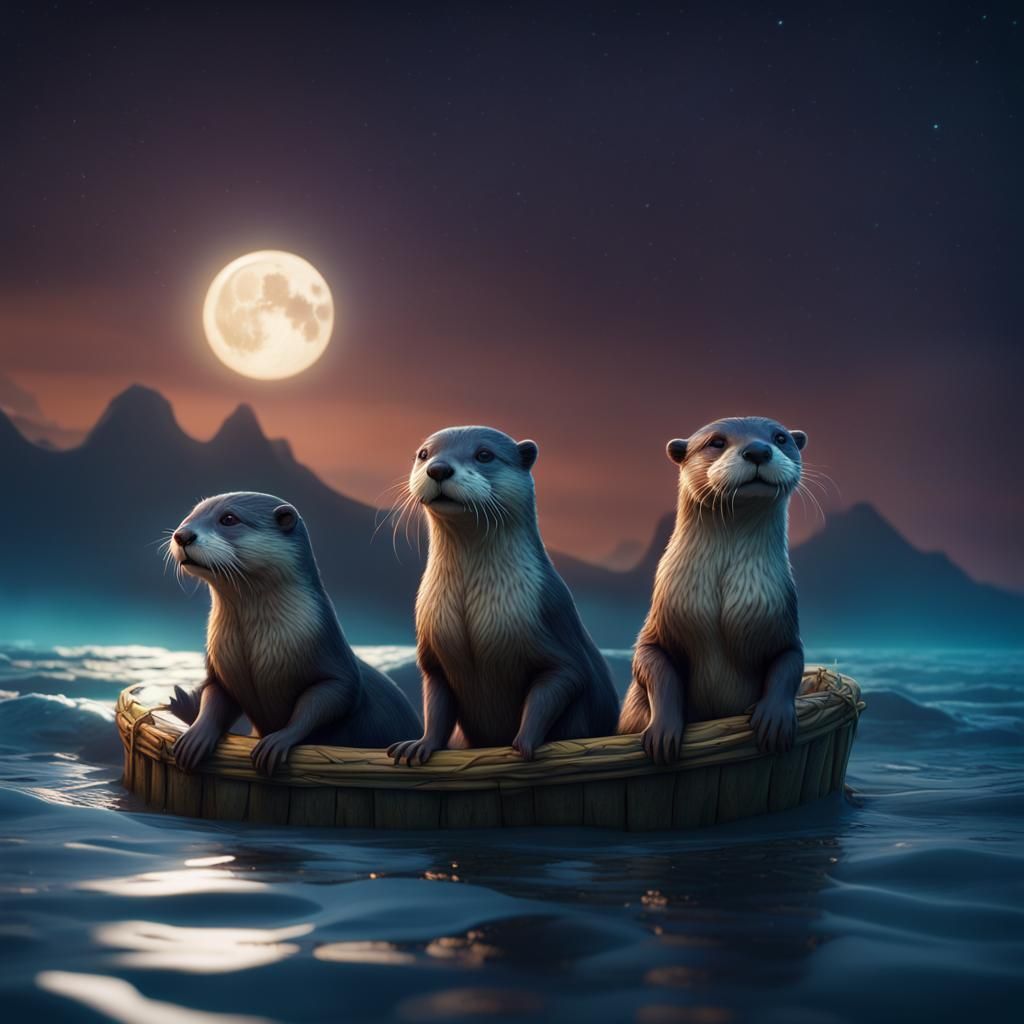 Otters Floating in a Dark Ocean: Matte Painting