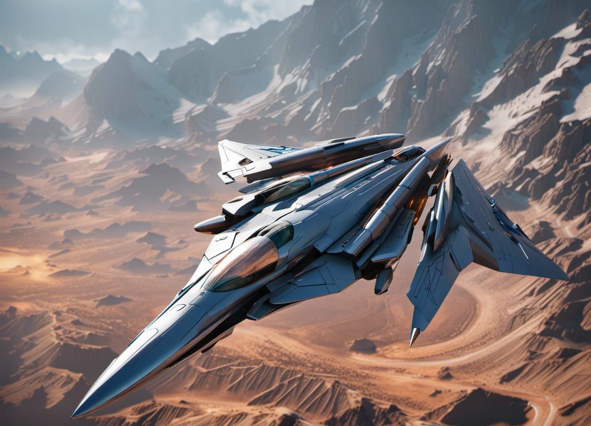 Futuristic Jet Soaring Through Mountains in Sci-Fi Style
