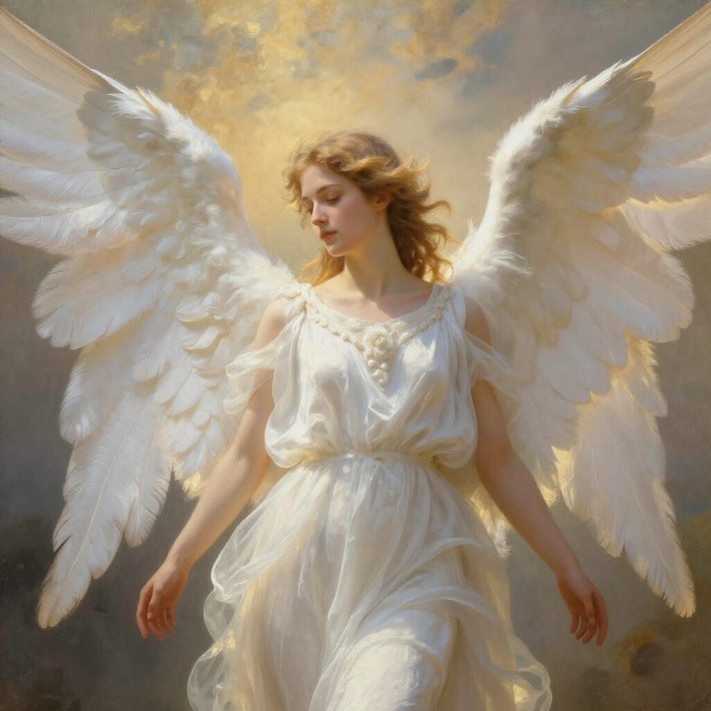 Ethereal Angel with White Wings in Golden Light