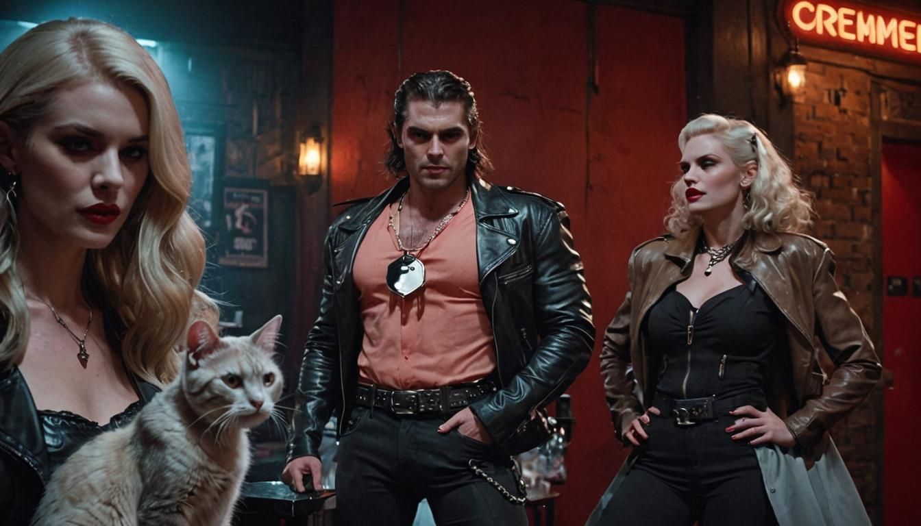 Vampire Caressing Cat in Neo-Noir Bar Scene