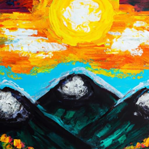 Mountain Range with Three Suns in Expressionist Style