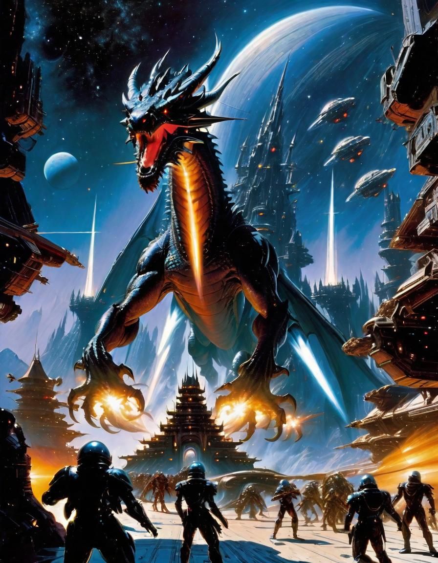 Medieval Sci-Fi Warriors Versus Dragon in Space