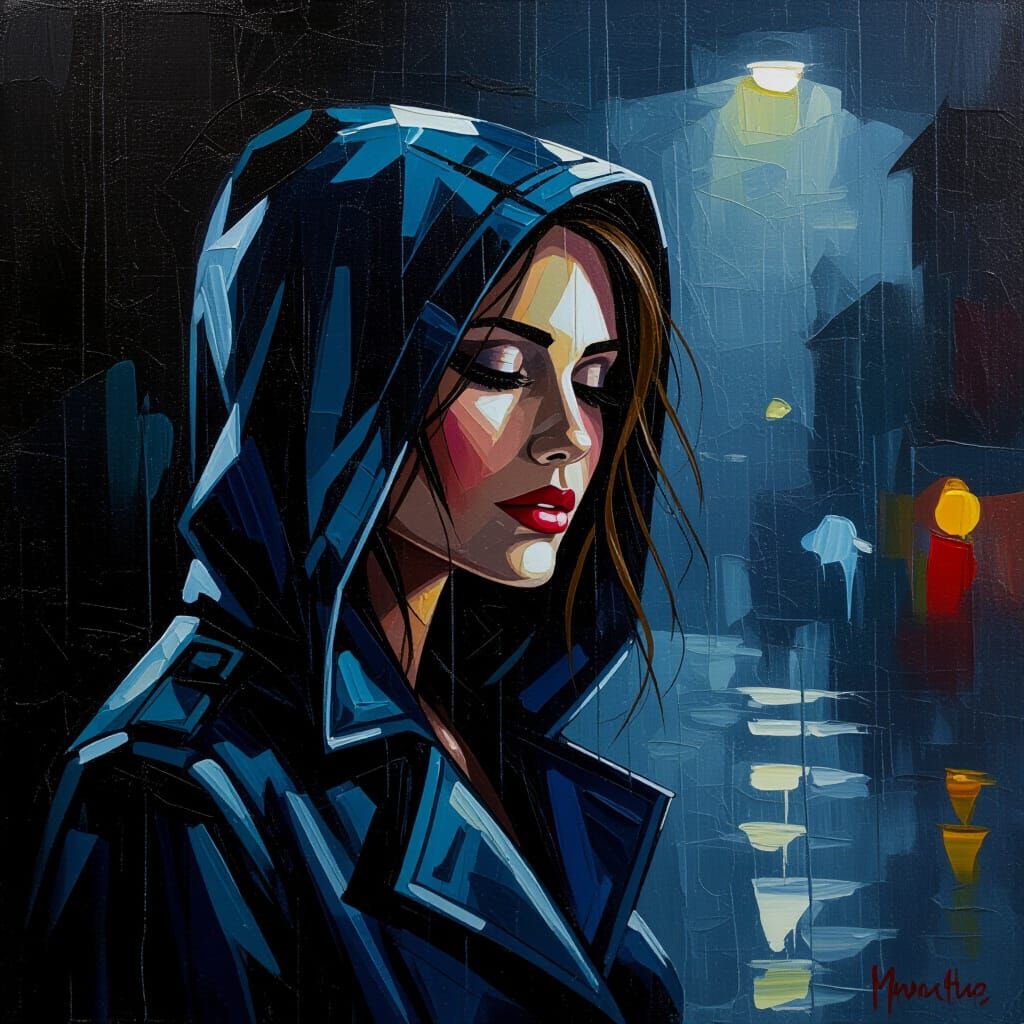 Elegant Woman in Rain Oil Painting with Expressive Brushstro...