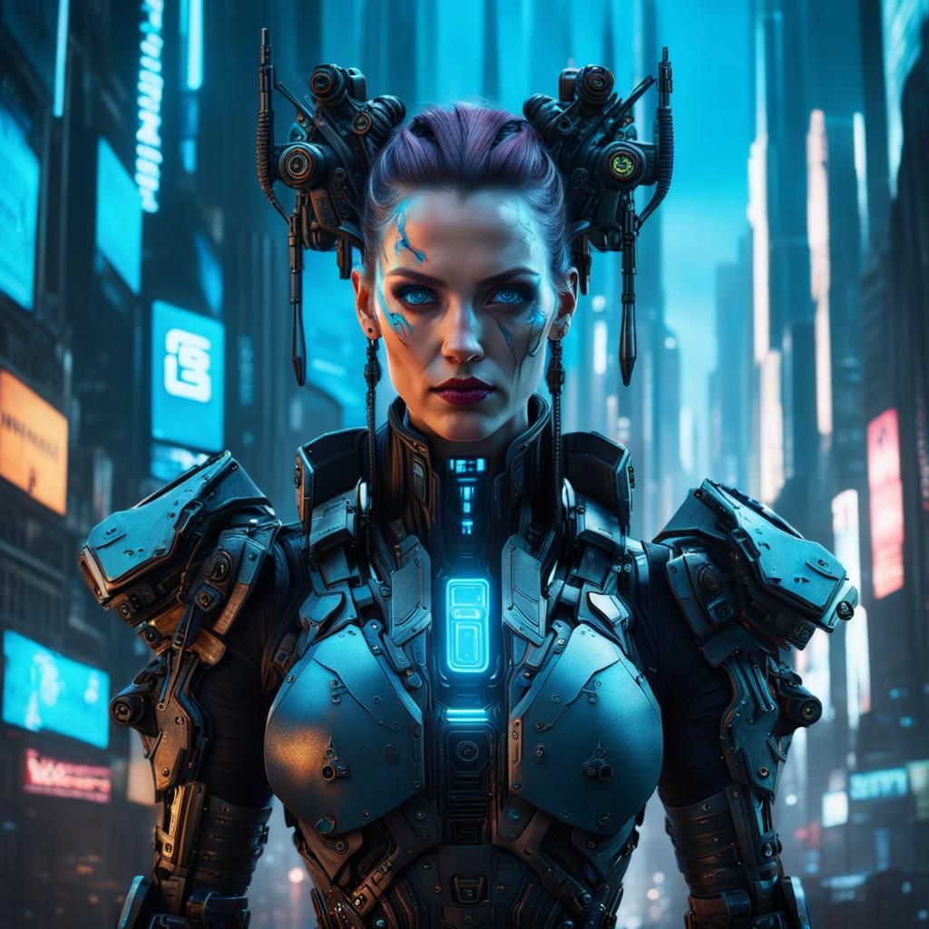 Cyberpunk Woman with Blue Eyes in Detailed Digital Art