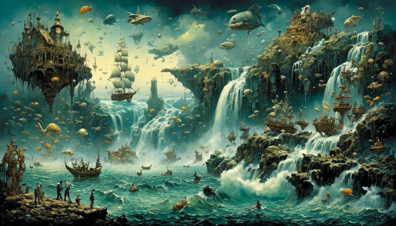 Fantastical Seascape with Waterfall and Curious Creatures