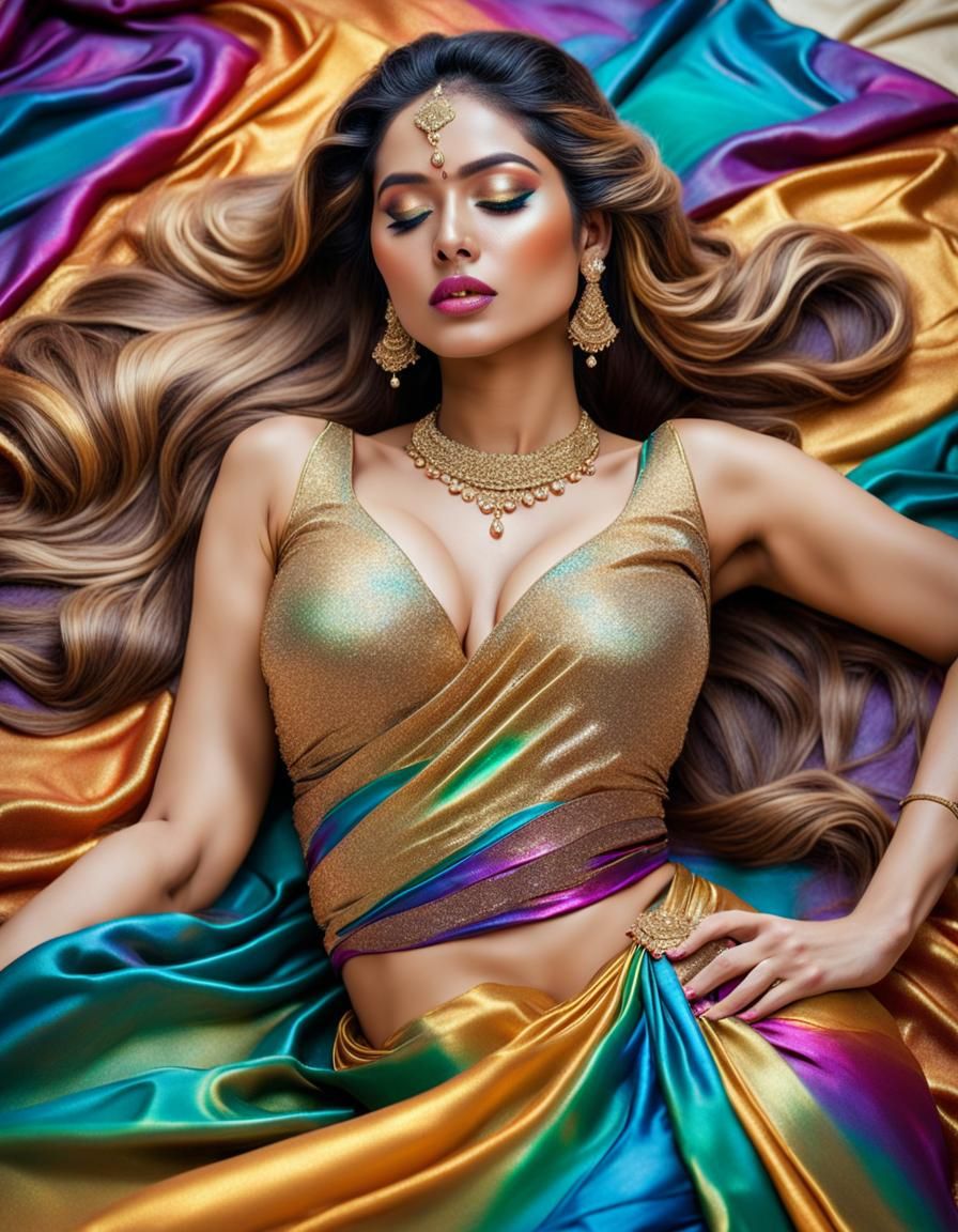 Woman with Silky Hair and Rainbow Saree