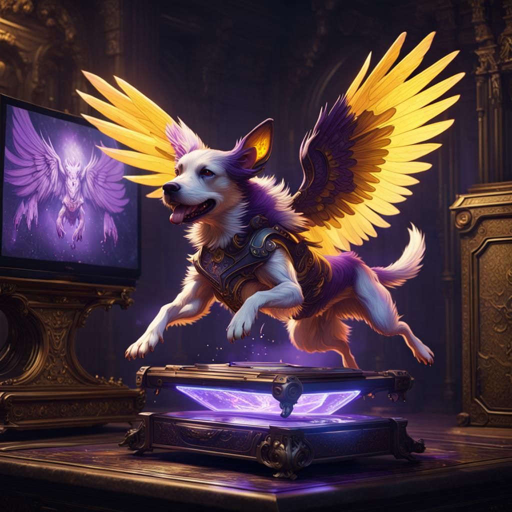 Winged Dog Leaping Near Futuristic Console