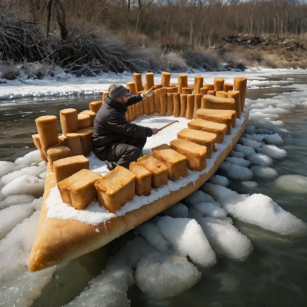 Man on Fish Stick Raft Floats Down River