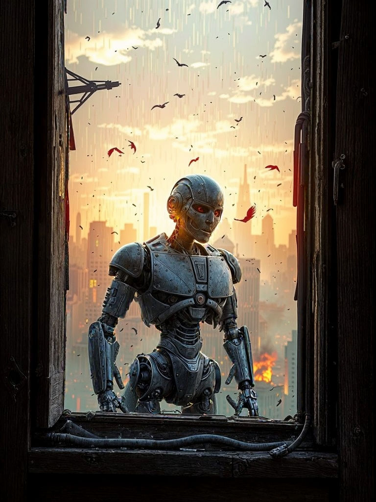 Post-Apocalyptic Robot Amidst Ruins