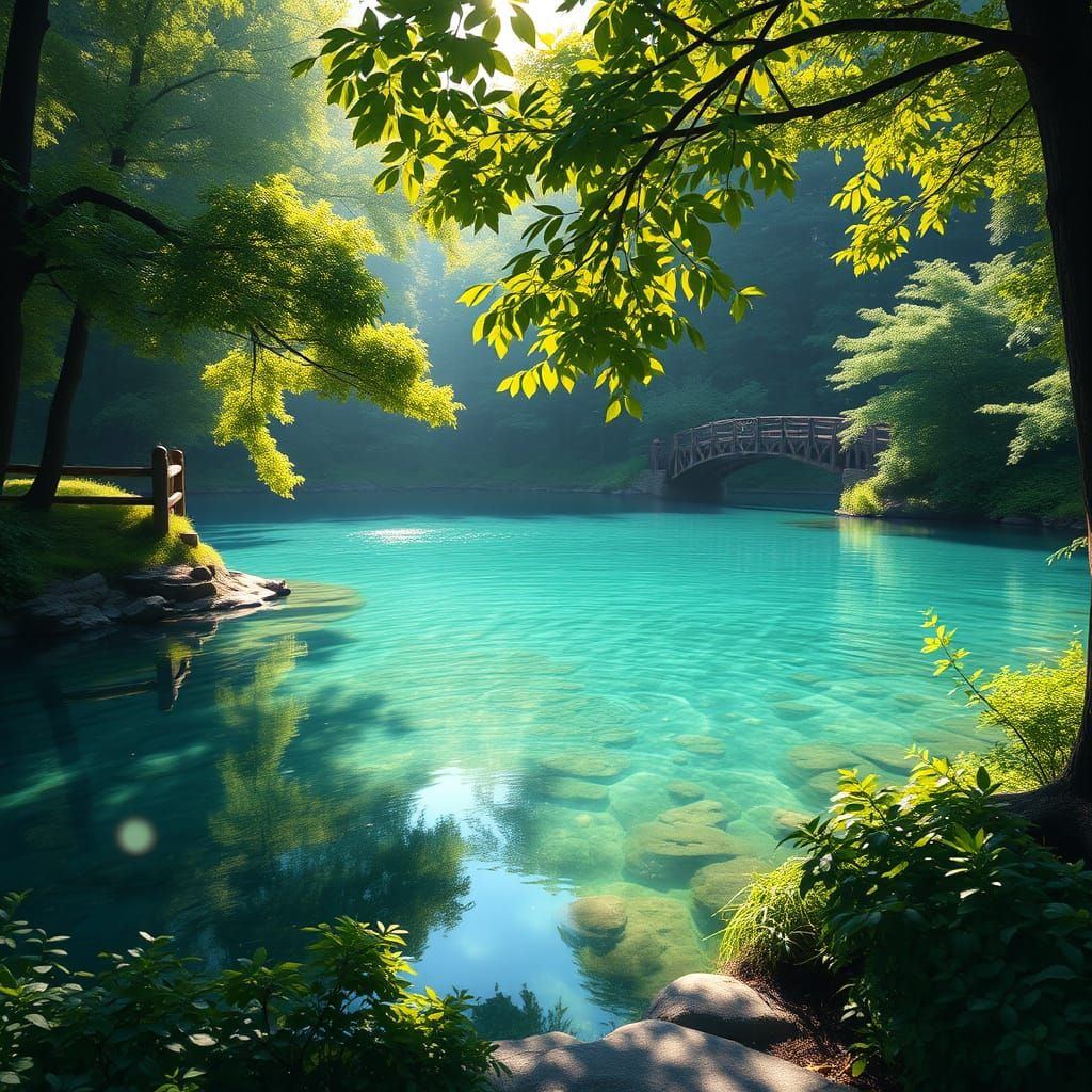 Serene Forest Lake with Rustic Bridge and Dappled Sunlight