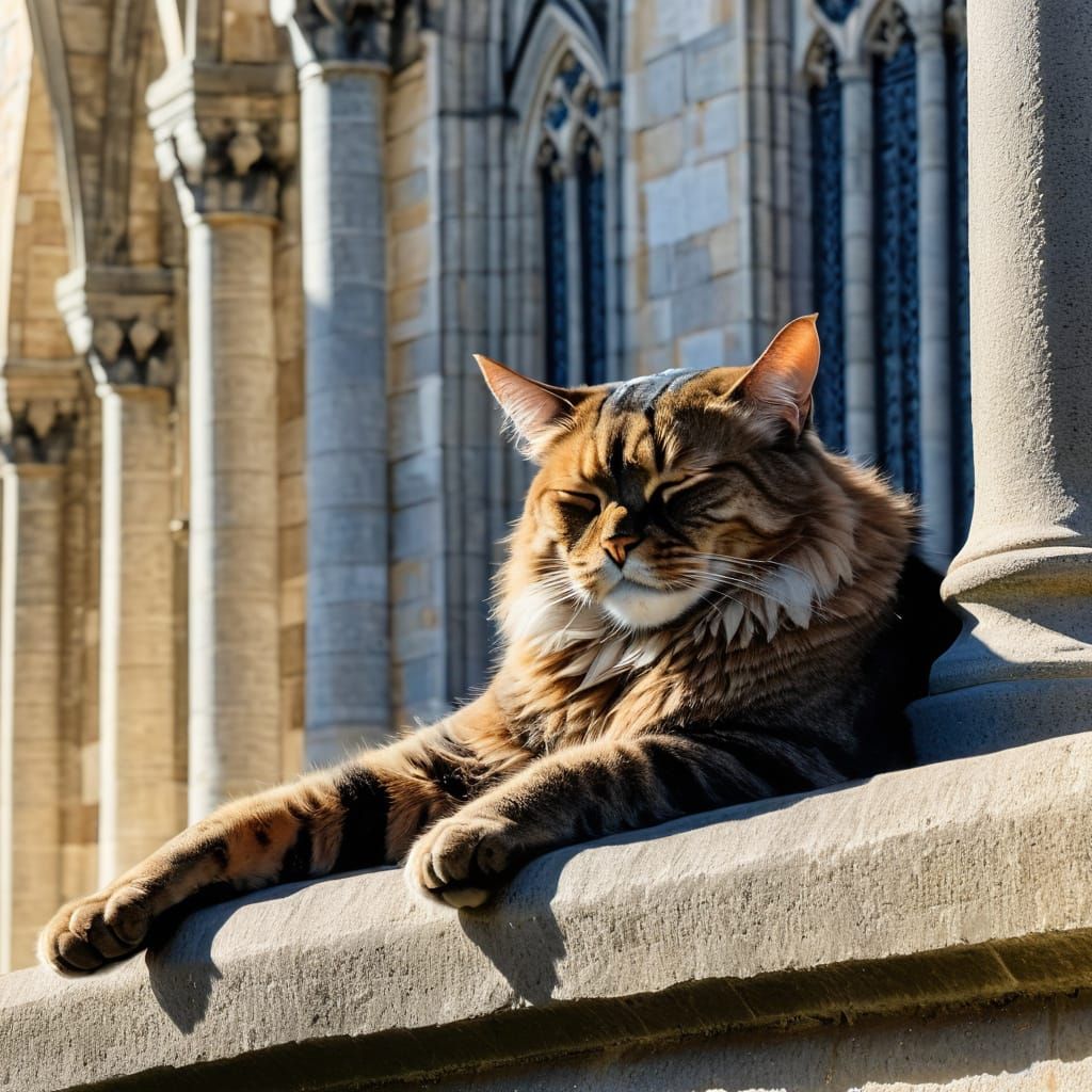 Regal Tom Cat Sleeps in Sun on Cathedral Porch