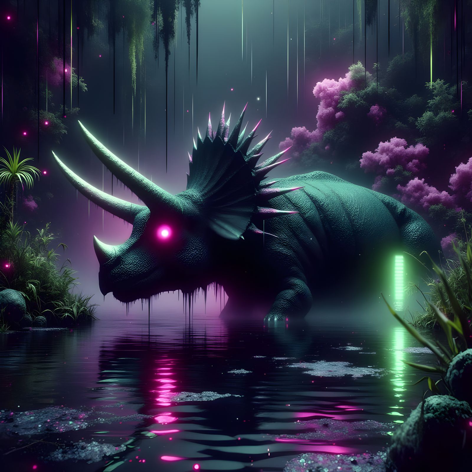 Neon Grunge Triceratops in Mysterious Swamp