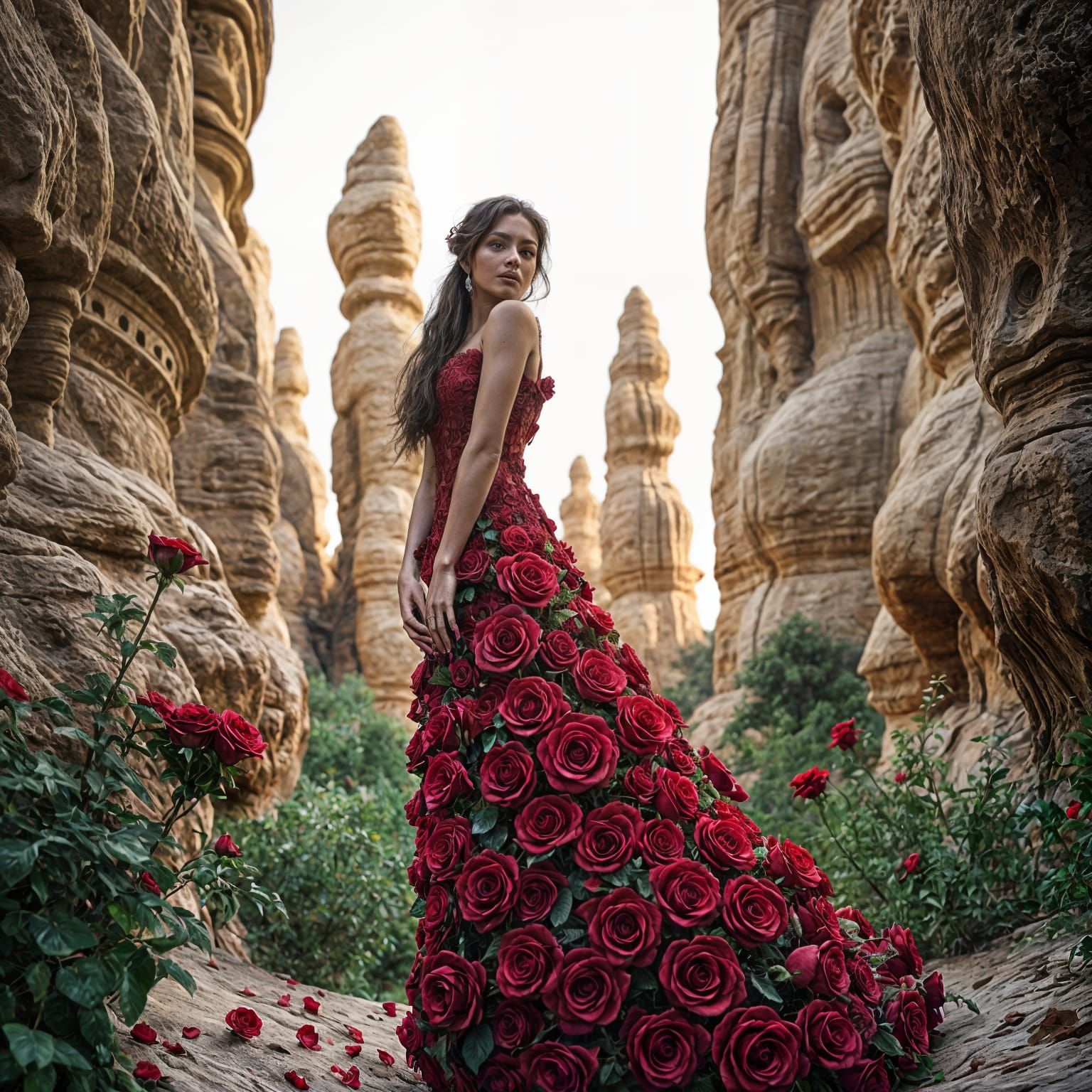 Woman in Rose Dress with Sandstone Background