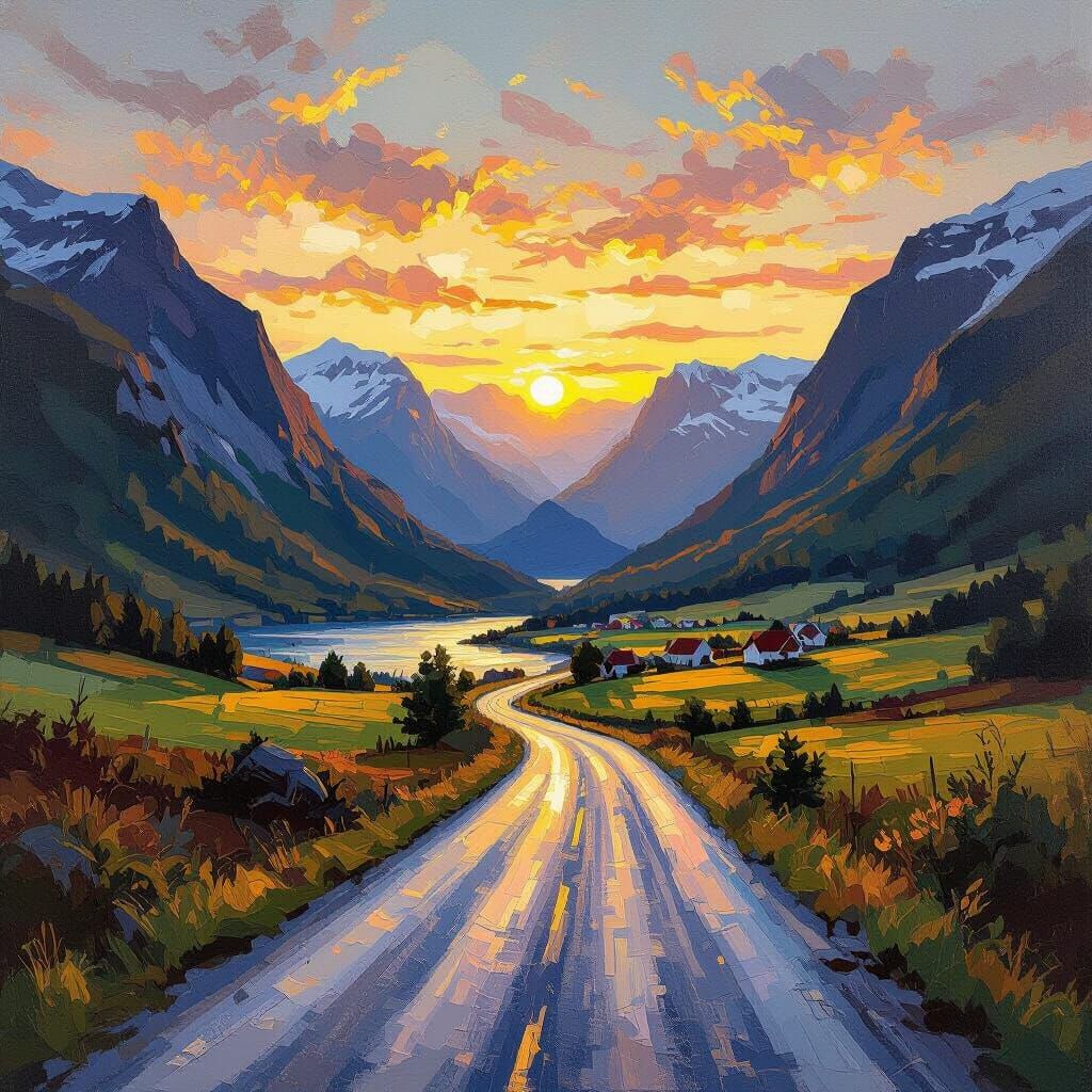Neo-Impressionist Norwegian Valley Road at Golden Hour