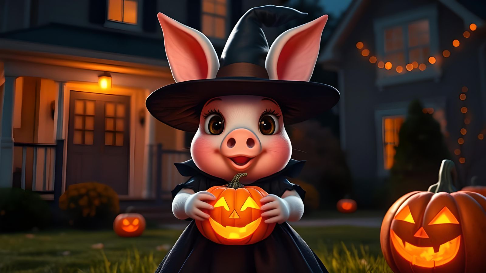 Smiling Pig Witch with Jack-o-Lantern, Digital Art