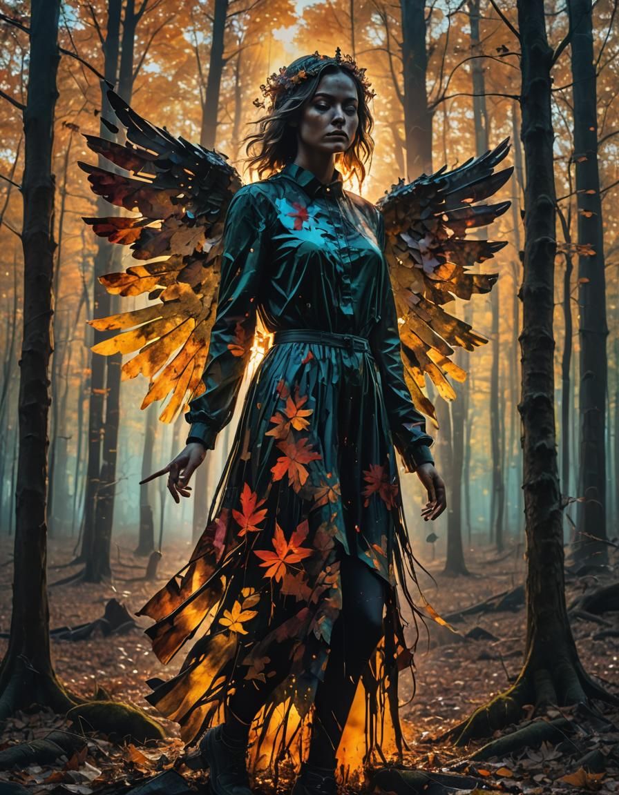 Angel Silhouette in Double Exposure Forest: Graffiti Art