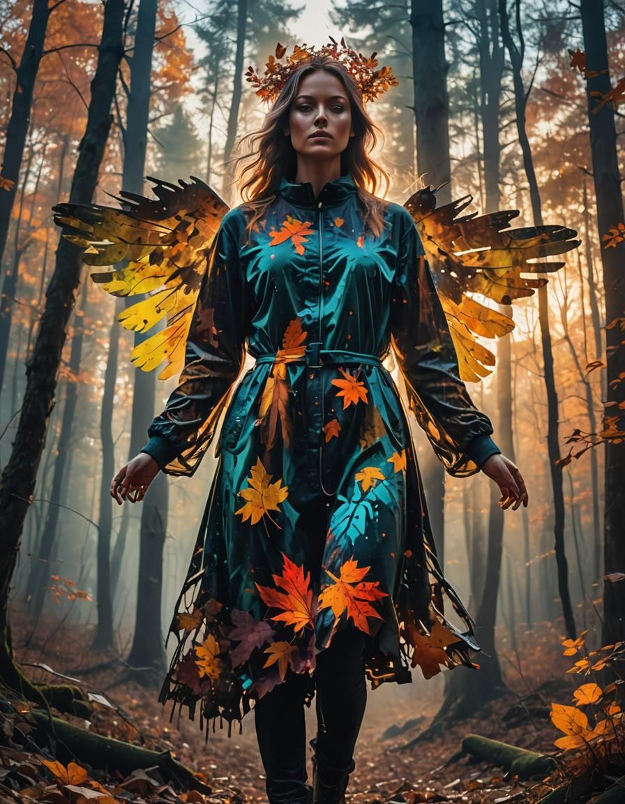Angel Silhouette in Double Exposure Autumn Forest