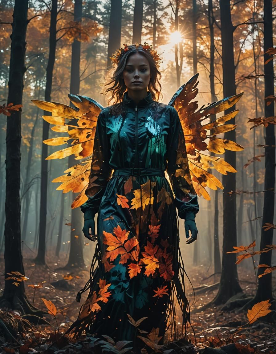 Angel Silhouette in Double Exposure Forest Sunrise