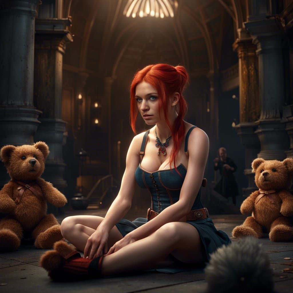 Redhead Woman in Teddy Bear Outfit Kneeling