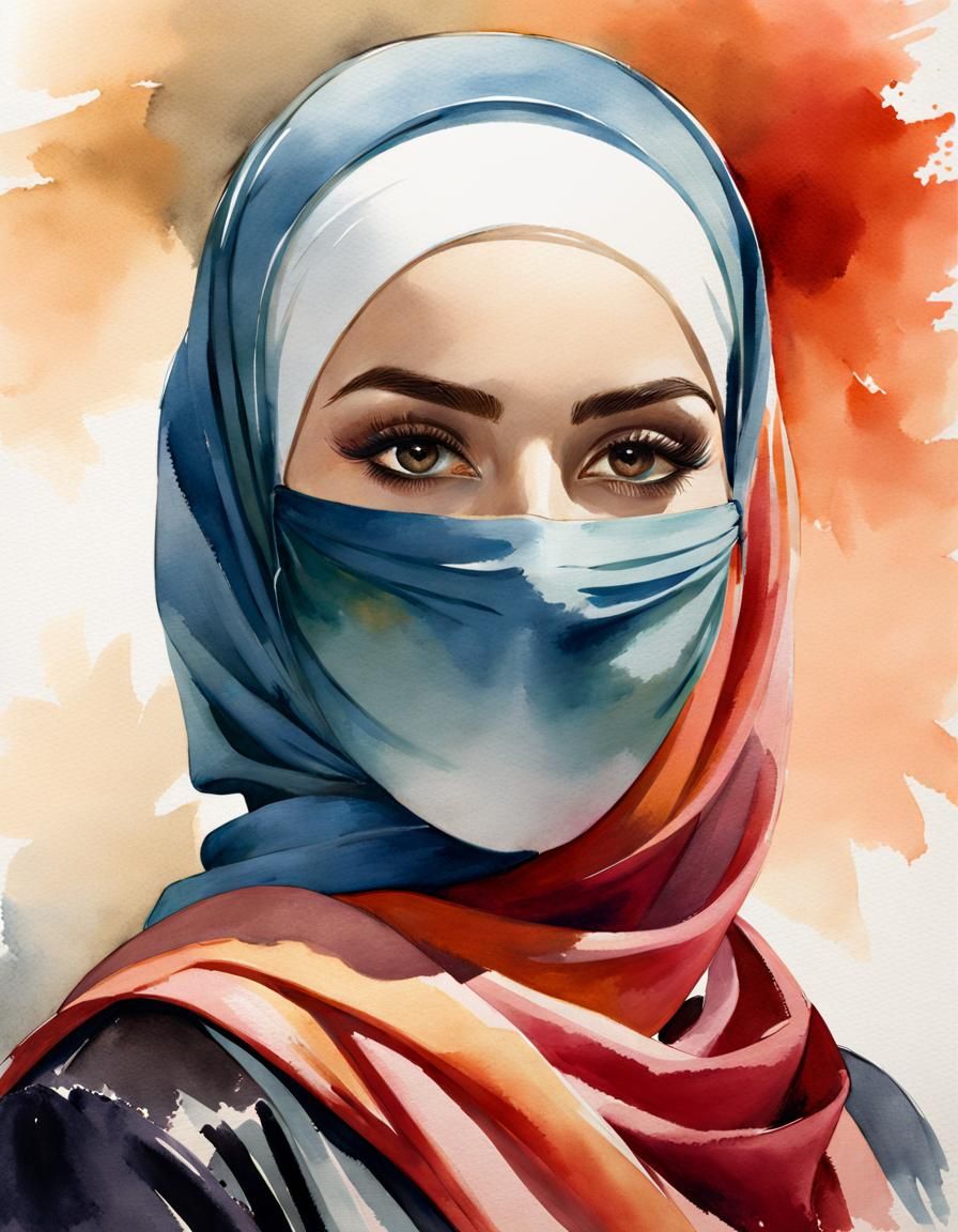 Beautiful Hijabi Woman Portrait in Watercolor Style