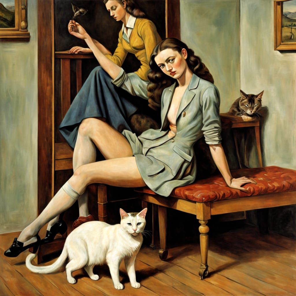 Woman and Cat in a Surreal, Dreamlike Atmosphere