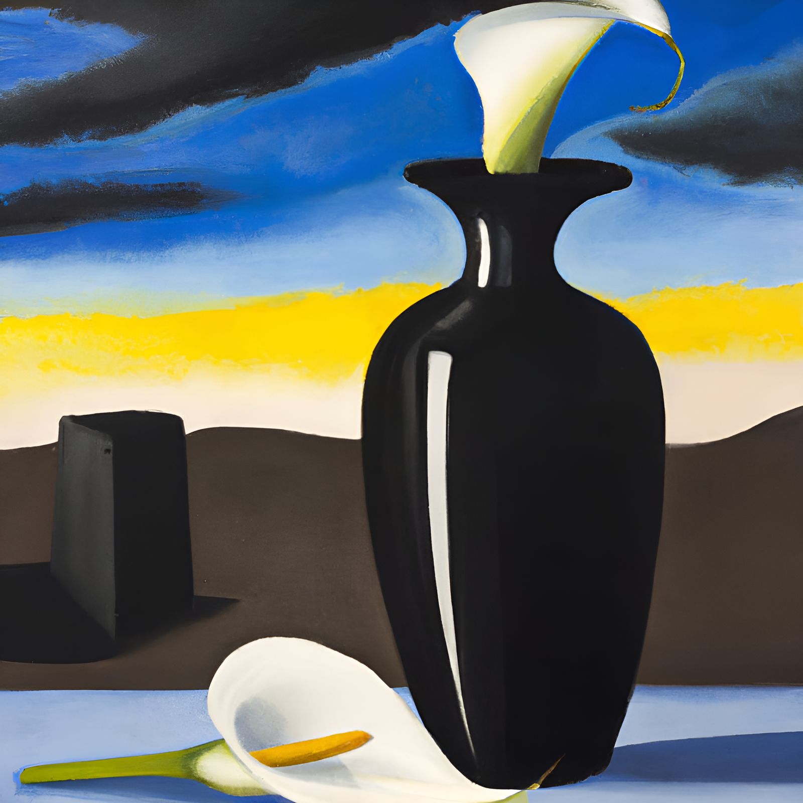 Calla Lily in Black Pottery Vase, O'Keefe Style