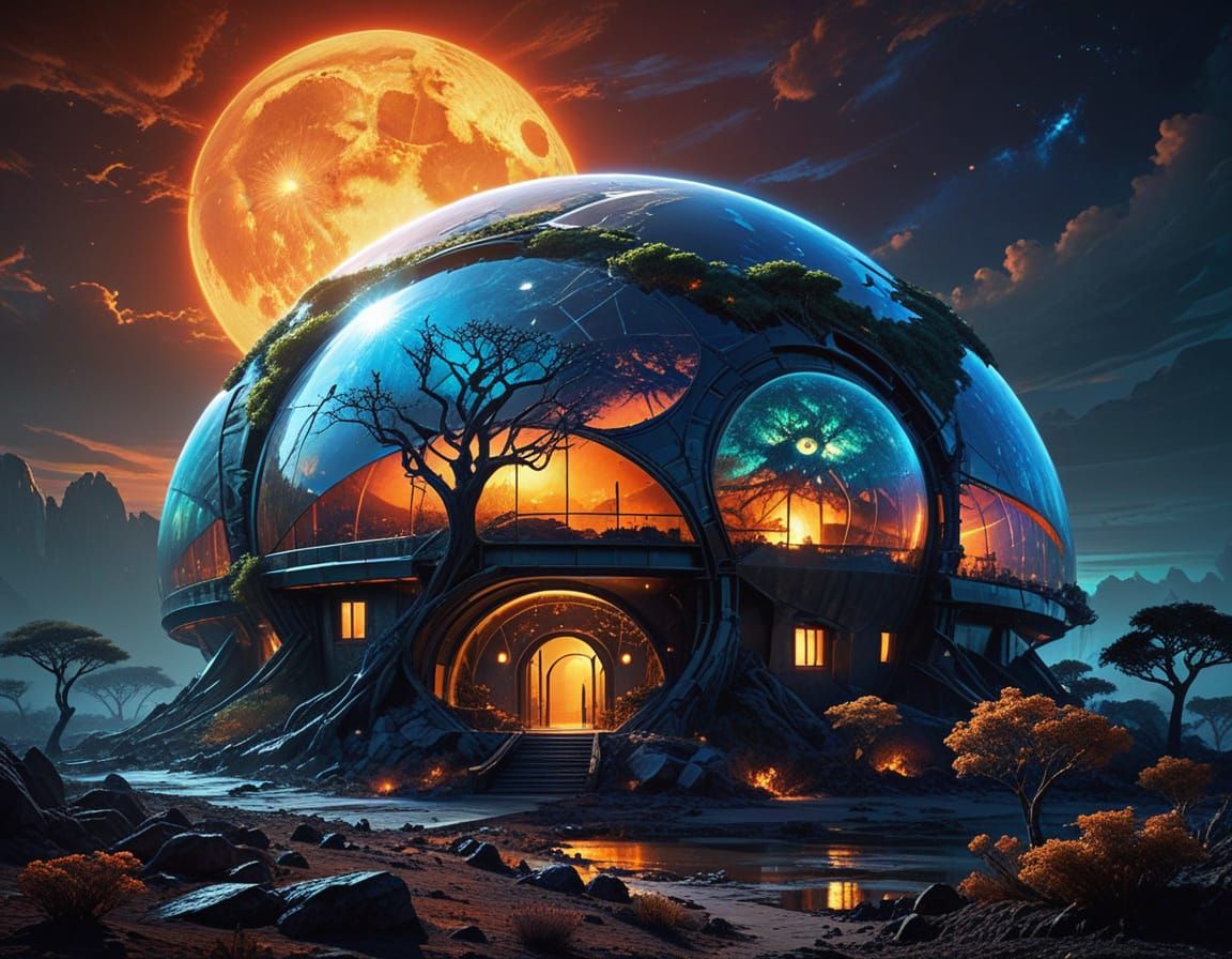 Biodome City on a Barren Moon in Vibrant Deep Colors