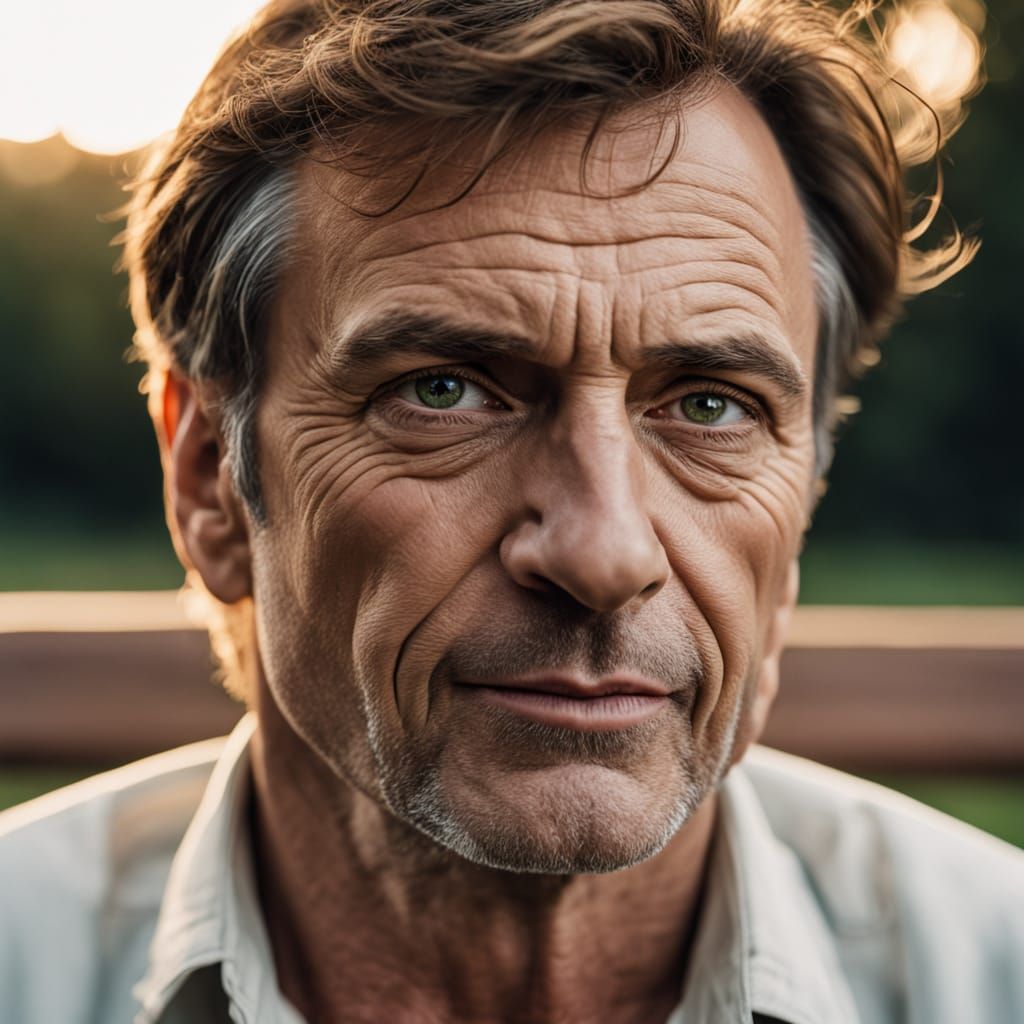 Sitting Man on Park Bench in Golden Hour
