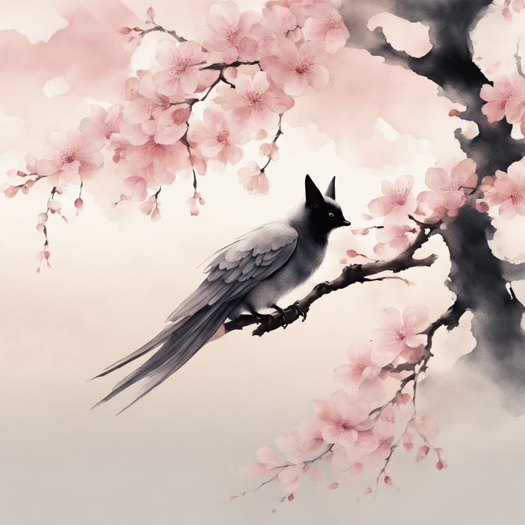 Serene Figure with Bat Wings Amidst Cherry Blossoms in Japan...