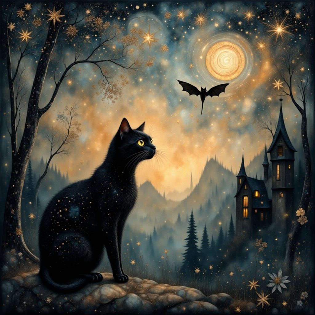 Midnight Whimsy: Cat and Bat in Starry Renaissance Sky