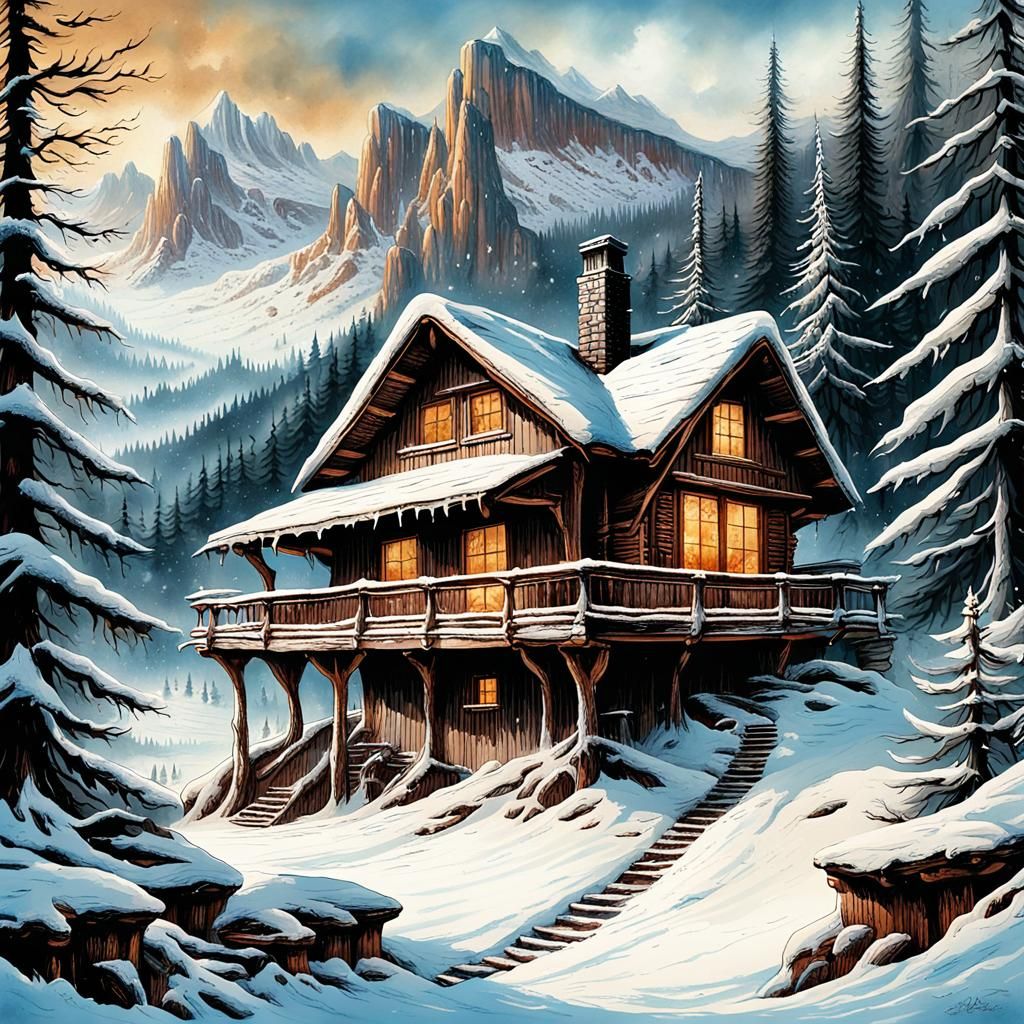 Winter Chalet Fantasy Illustration on Old Book Page