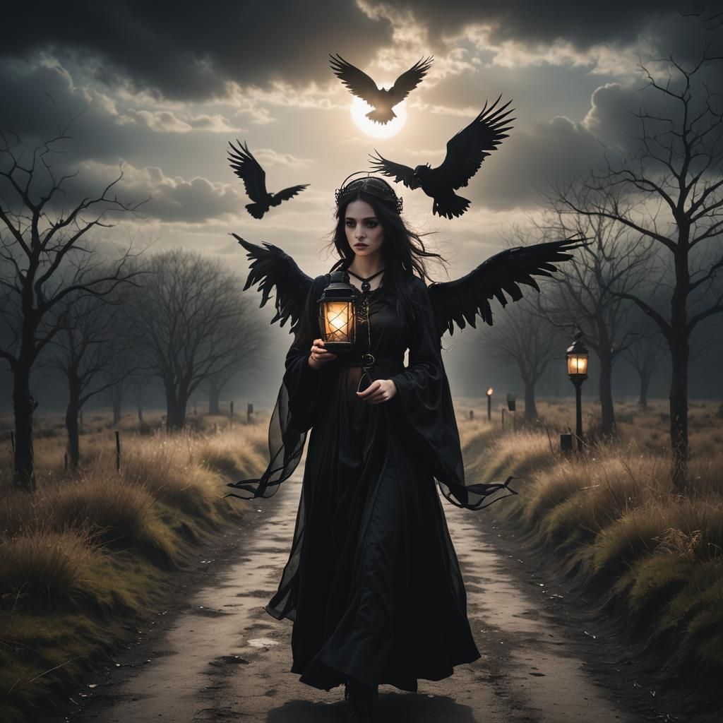 Gothic Dreamscape: Girl with Lantern in Darkness