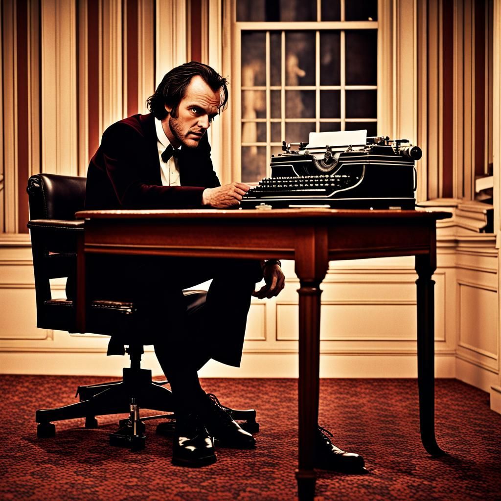 Tormented Writer at Typewriter: A Cinematic Thriller