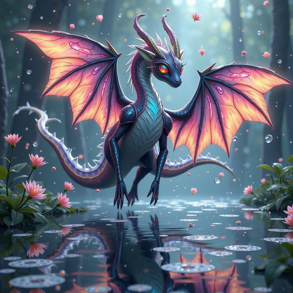 Dragon Emerges from Mystical Pond in Vibrant Colors