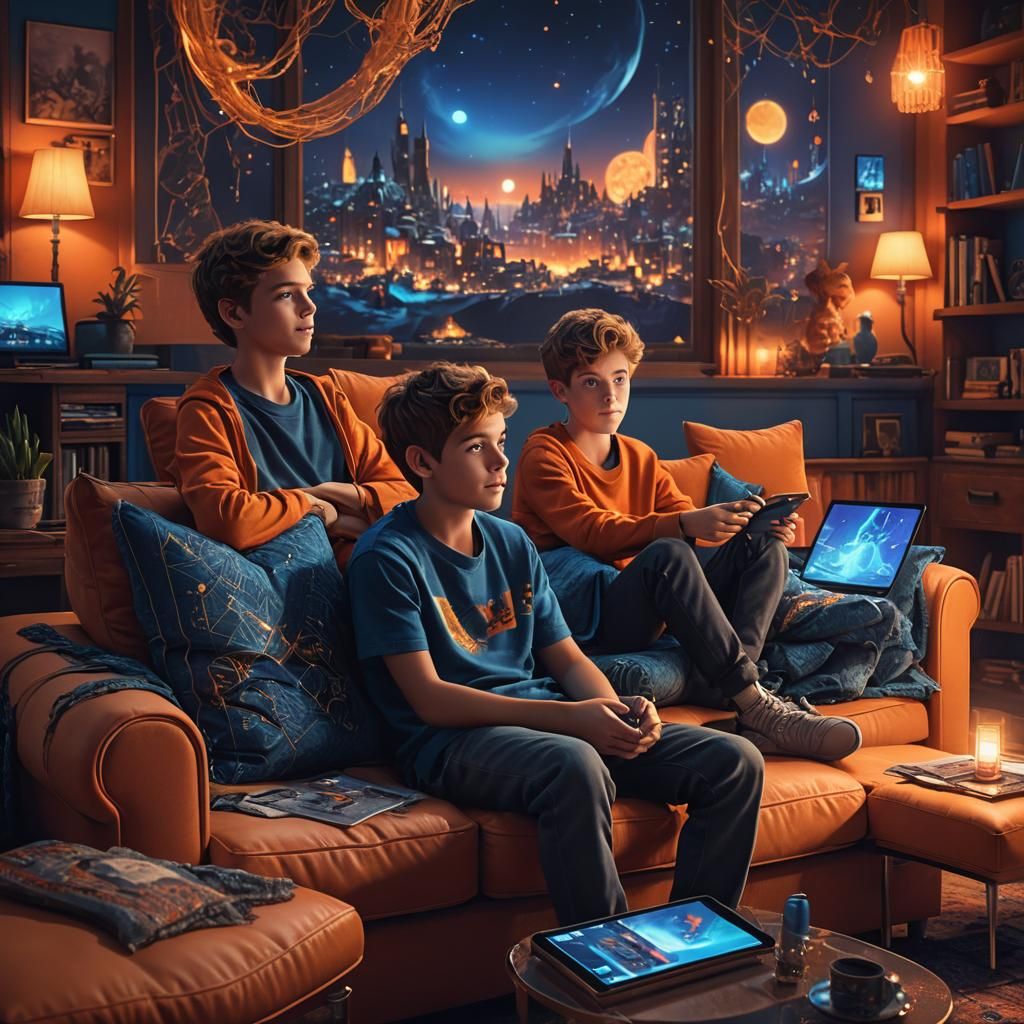 Boys Chatting on Couch in Dreamlike Digital Painting
