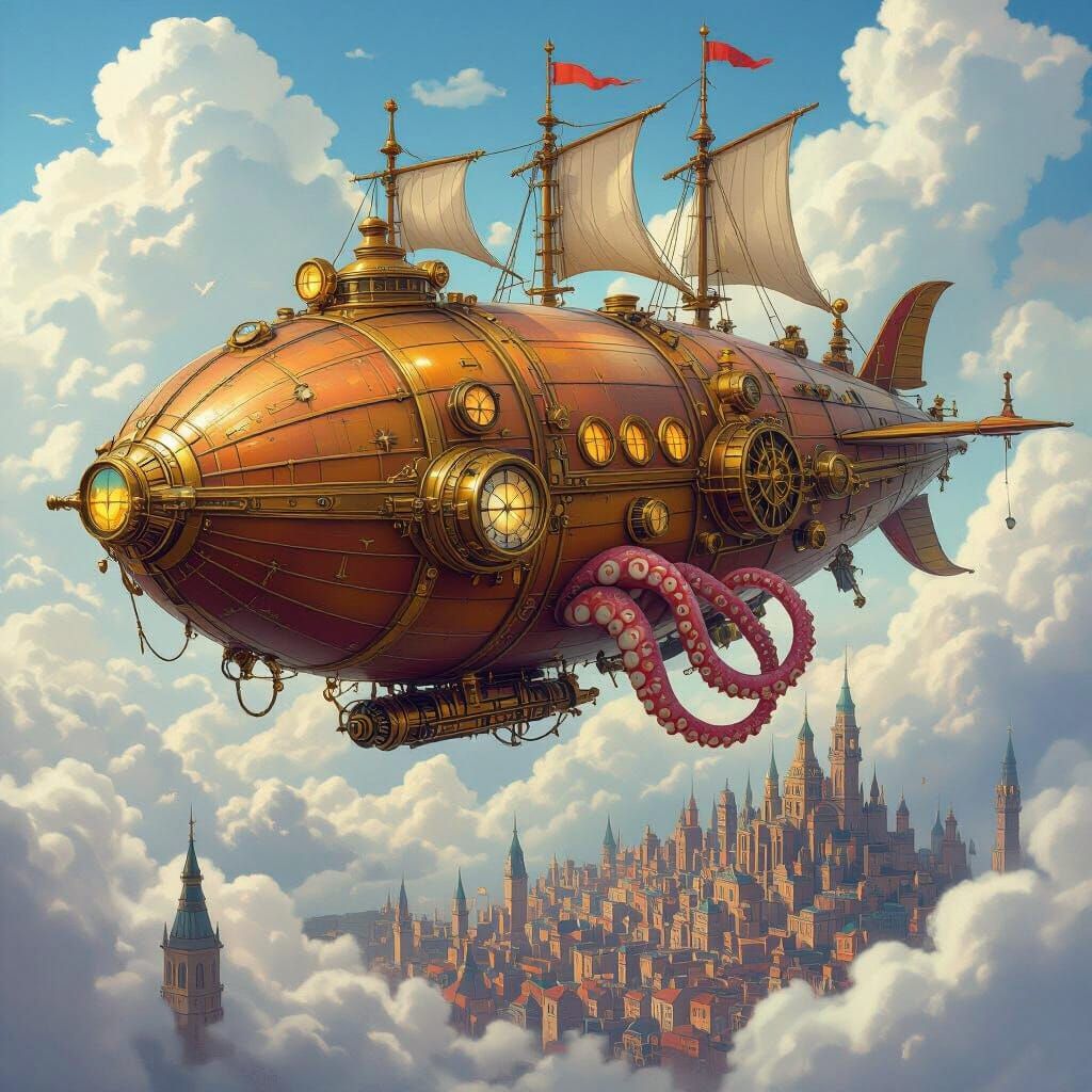 Steampunk Squid Airship Over Victorian City in Digital Art