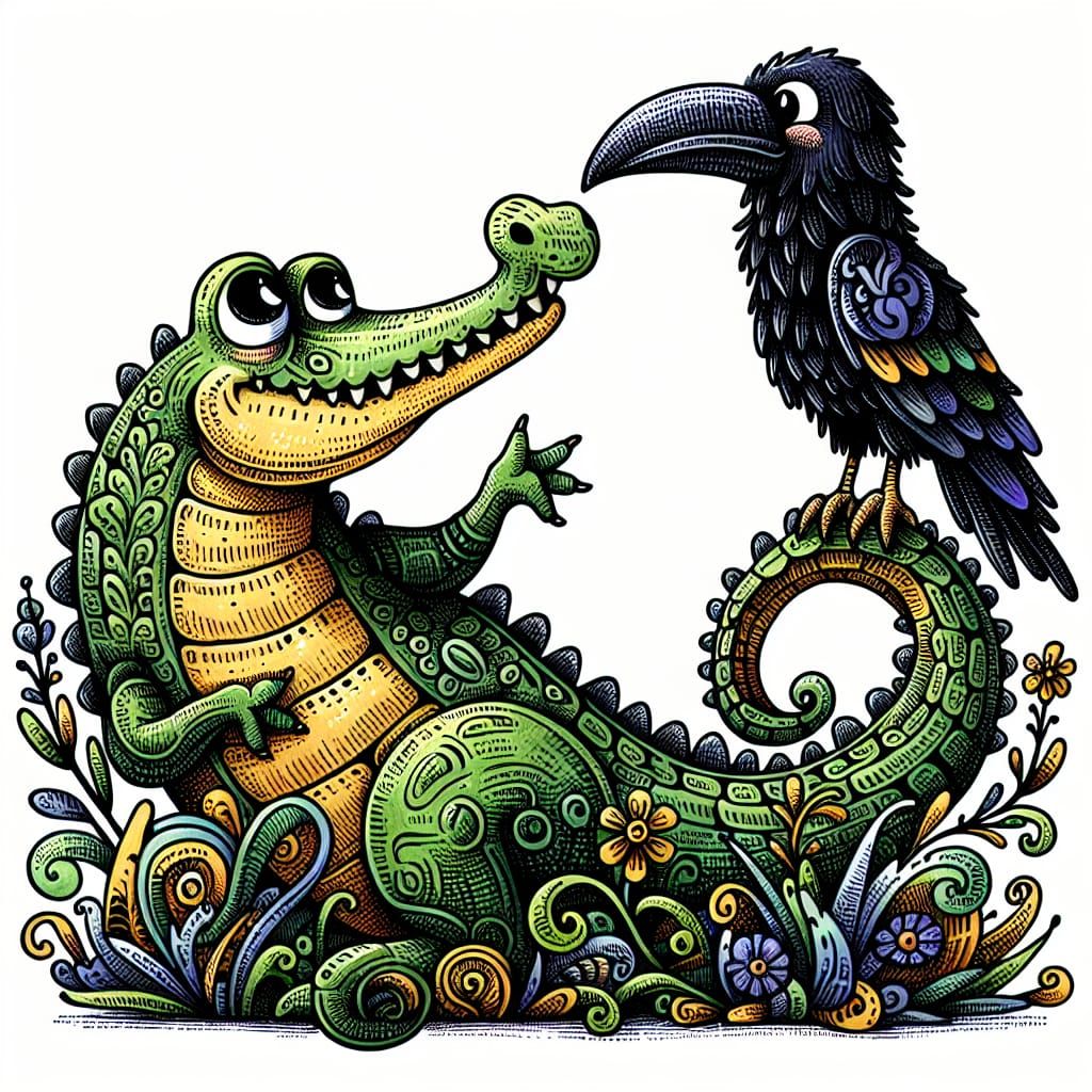 Friendly Crocodile and Raven Chat in Storybook Illustration ...