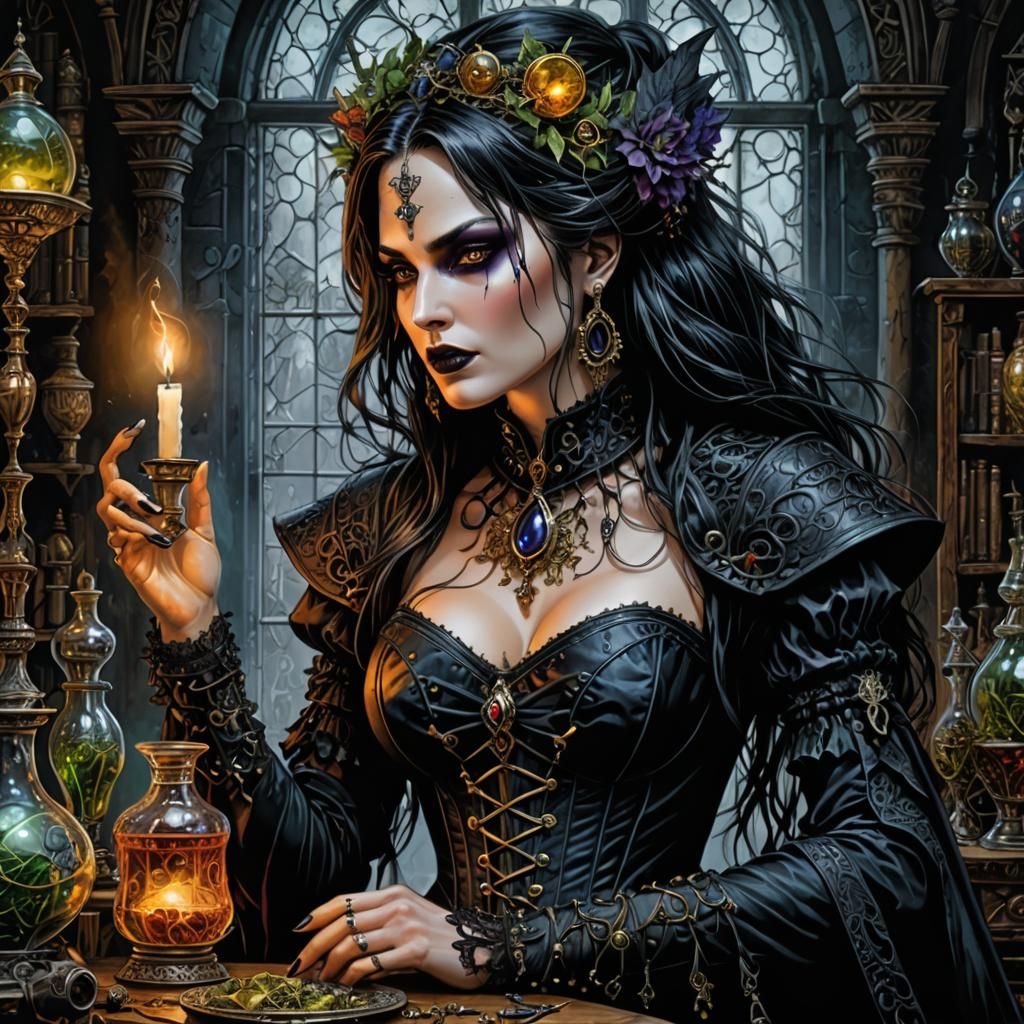 Gothic Sorceress Portrait with Magical Potions