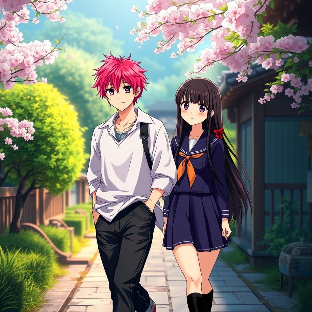 Young Couple Strolls Through Whimsical Japanese Landscape