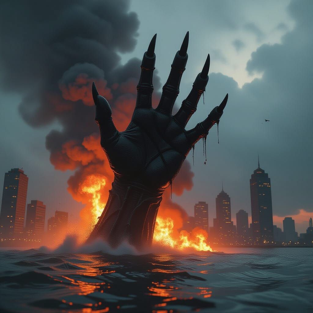 Demonic Hand Emerges from Burning Ocean