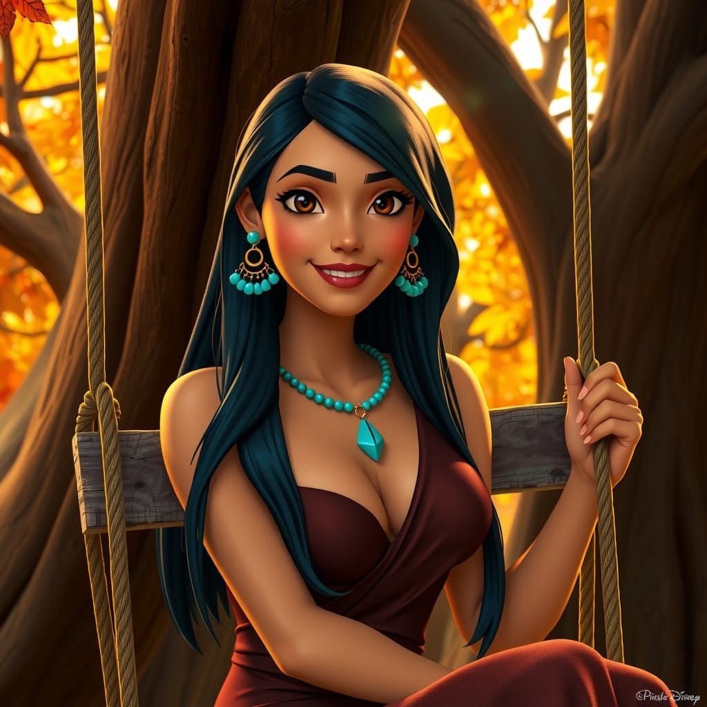 Pocahontas Sits Smiling on Autumn Swing