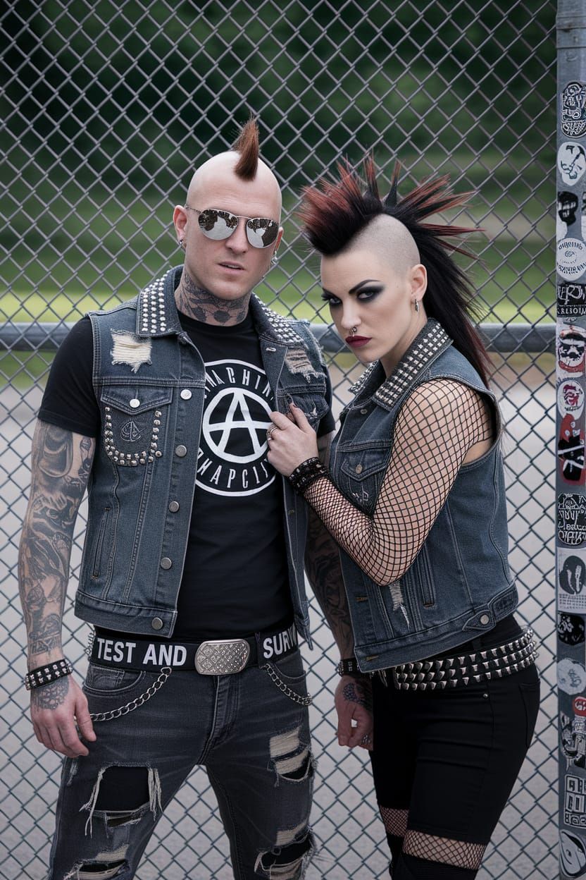 Photorealistic image of a punk couple standing aggressively ...