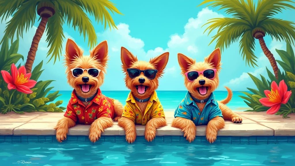 Dogs Lounging Poolside in a Whimsical Style